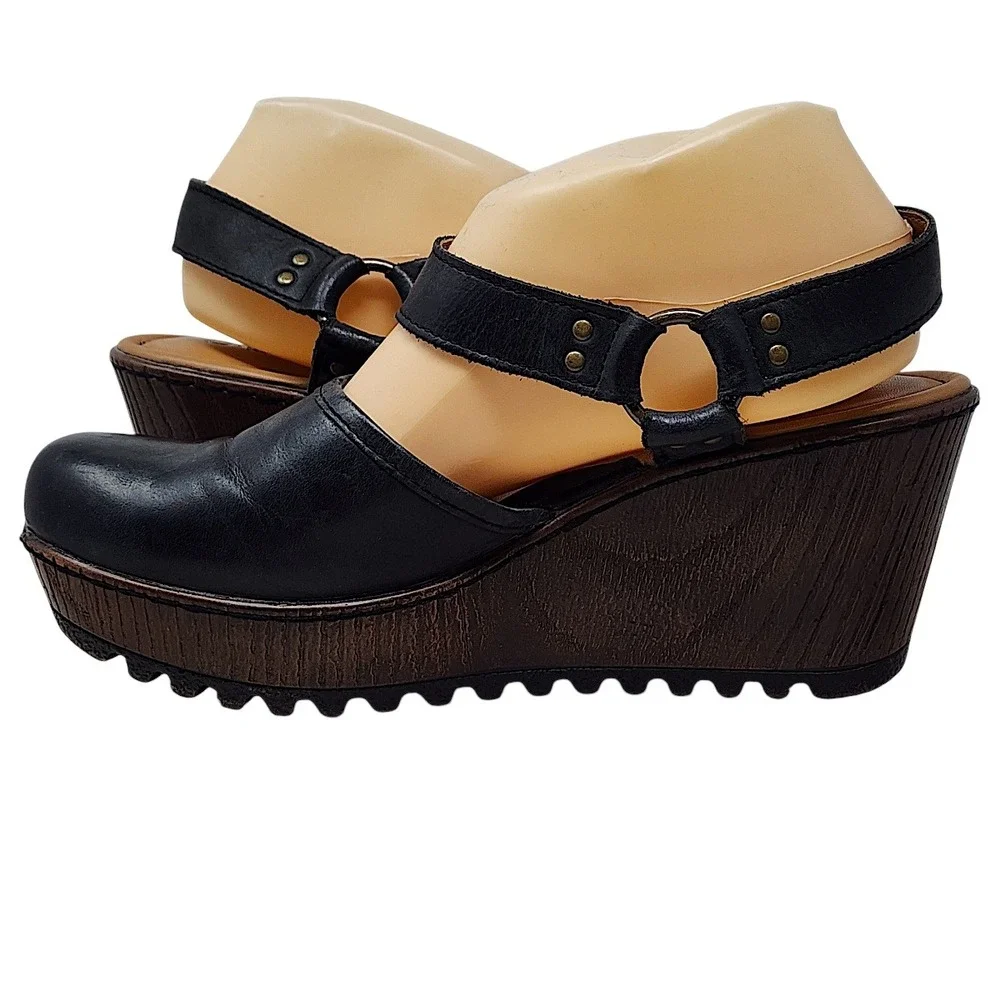 boc Born Platform Wedge Clogs 9M Sandal Rina Black Leather Z39103 Boho Mary Jane